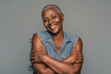 Self Care Black Woman. Senior African American Woman Embracing Herself with Confidence and Joy
