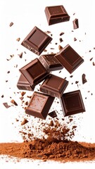 Floating dark chocolate squares mid-air with cocoa powder falling around them, sharp focus on textured chocolate surface, rich brown tones, isolated on clean background, food motion freeze concept