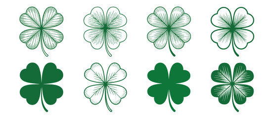 Set of eight green four-leaf clover illustrations for luck, st patrick's day vector icon designs