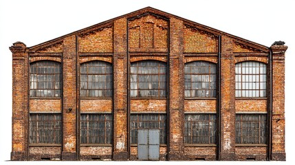 Isolated old brick factory exterior with windows for background image with cutout