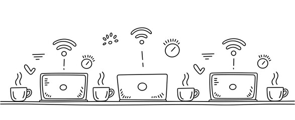 Remote work sketch: Laptops, coffee, wifi, work from home doodles vector