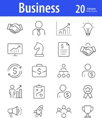 Business Line Icons, Briefcase, Growth Chart, Office Building, and More, Editable Formats: AI, EPS, JPG, PNG, Ideal for Both Digital and Print Use
