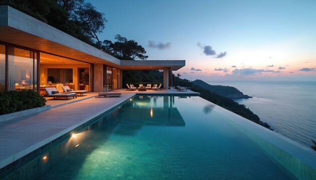 Luxury oceanfront estate villa with infinity pool. Modern architecture luxury home at sunset. Coastal resort paradise vacation. Evening dusk view with blue calm ocean. Tropical holiday vibes.