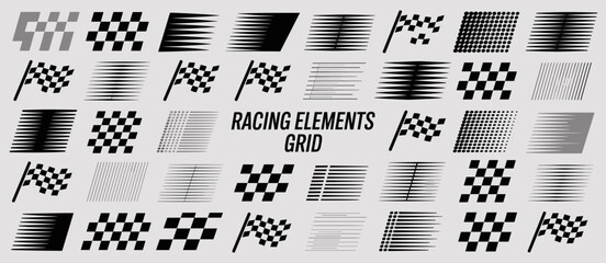 Racing elements grid: checkered flags, speed lines, motion graphic elements background.