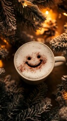 Cup of coffee with garland lights bokeh on winter background.