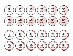 Countdown timer in circle shape. Stopwatches icons. Cooking indicators in flat design. Set of clocks with different minutes. Timer symbols. Chronometer deadline. Vector illustration.