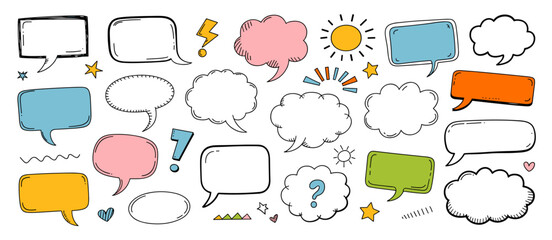 Obraz premium Set of hand drawn speech bubbles, dialogue balloon elements, and communication symbols
