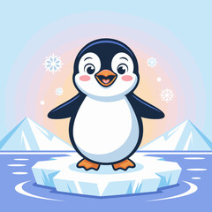 Obraz premium Cute cartoon penguin character standing on iceberg in winter scene