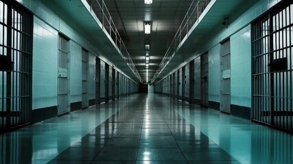 A long hallway with cells on both sides illuminated by overhead fluorescent lights in a prison - Powered by Adobe