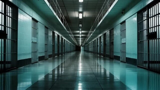 A long hallway with cells on both sides illuminated by overhead fluorescent lights in a prison