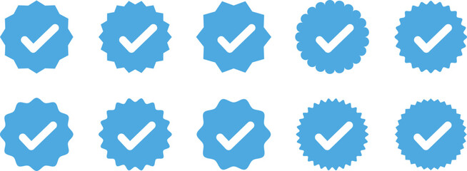 Verified Badge Icon Set &ndash; Blue Check Marks and Zigzag Style Right Symbols for Social Media Account Verification.