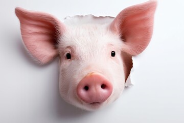 Fototapeta premium pig head hole, funny piglet, concept farm animal looking through paper