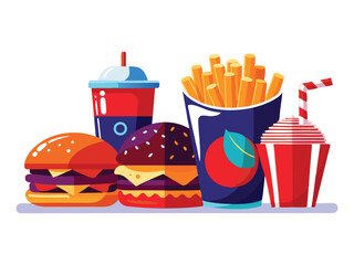 Delicious fast food meal with burgers fries and drinks isolated on white background
