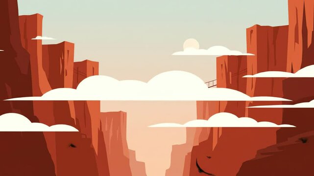 Canyon landscape with orange cliffs clouds sun and a small bird flying through the valley