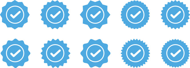 Blue Verified Badge Icon Collection – Check Mark and Zigzag Style Symbols for Social Media Profile Verification and Approval.