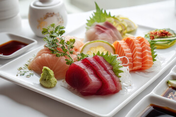 Fresh Sashimi Platter. A delicious plate of assorted sashimi, a Japanese delicacy, arranged beautifully on a white platter, with wasabi and soy sauce.