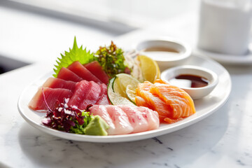 Fresh Sashimi Plate. A beautifully arranged plate of fresh sashimi, featuring tuna and salmon, perfect for a delicious meal.