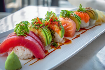 Sushi Nigiri Platter. Delicious sushi nigiri arranged on a white plate. Tuna, salmon, and avocado sushi topped with sesame seeds and tobiko.
