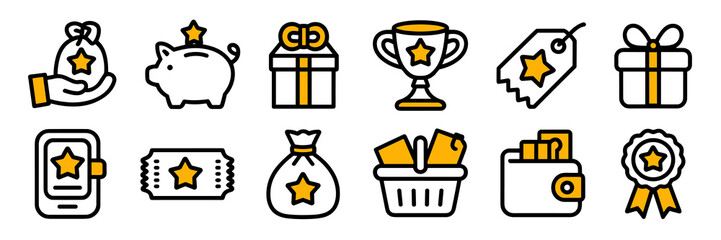 Rewards icons set with gift, bag, piggy bank, cup, tag, ribbon and ticket