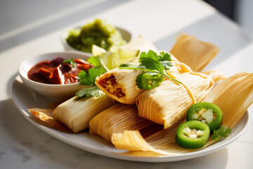 Delicious Mexican Tamales on a Plate. A beautifully plated tamales with salsa, guacamole, cilantro and jalapenos.