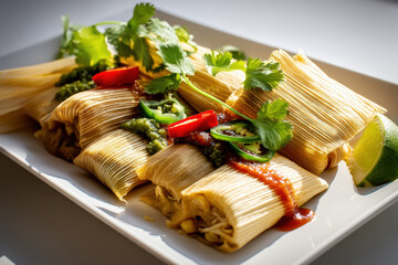 Savory Tamales with Fresh Garnishes. A delicious plate of tamales, served with fresh cilantro, jalapenos, and a lime wedge. Authentic Mexican food.