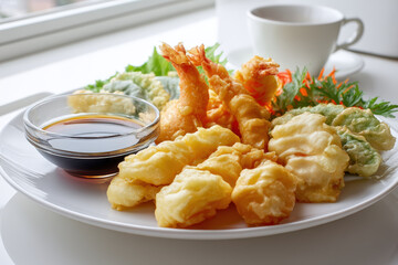 Delicious Japanese Tempura Dish. A plate of tempura with shrimp, vegetables, and dipping sauce, next to a cup of coffee on a white table.