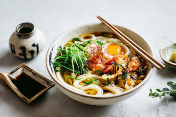 Udon Noodle Soup with Shrimp Tempura. A beautiful bowl of udon noodle soup with shrimp tempura, egg, and various garnishes, a delicious Japanese dish.