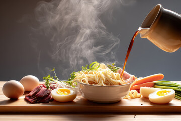 Ramen Bowl Being Filled with Broth. A steaming bowl of ramen is being filled with broth alongside fresh ingredients on a wooden board.