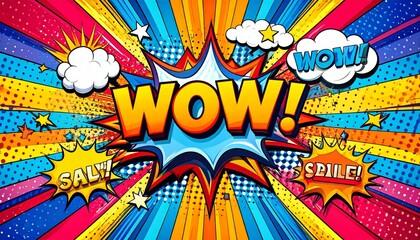 Fototapeta premium Retro comic book-inspired background with explosive shapes, speech bubbles, and bold text