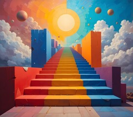 A surreal painting of stairs leading to the sky, with each step painted in a different bold color, surrounded by geometric floating shapes.