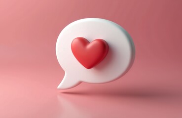 3d red heart cartoon icon with chat bubble on pink background. Social media love emoji symbol. Messages box isolated. Valentines day wedding invitation concept.