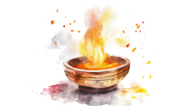Burning incense sticks in a bowl with scattered incense pieces outside aromatic ritual setup relaxing spiritual atmosphere isolated on white background