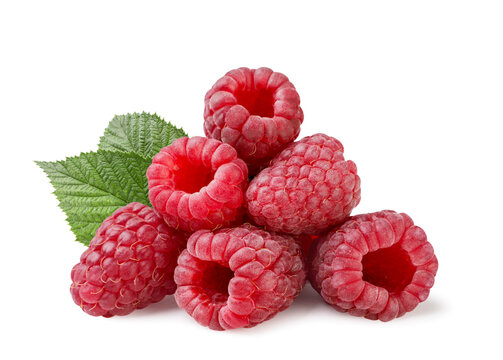 Pile of ripe raspberries with leaves close-up on a white background. Isolated