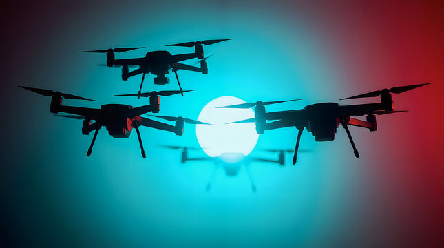 Silhouettes of flying drones illuminated by dramatic red and blue lighting against a glowing circular background, creating a futuristic and high-tech atmosphere with sharp shadows and contrast.