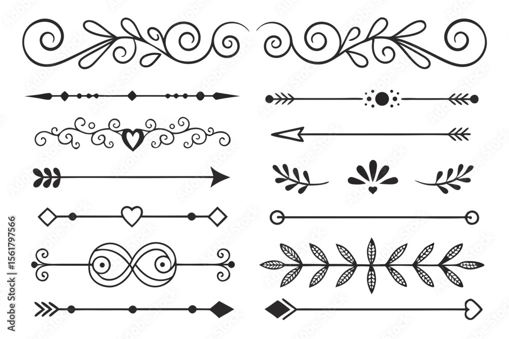 Fototapete decorative divider elements in elegant hand-drawn black vector featuring arrows, floral motifs, and 