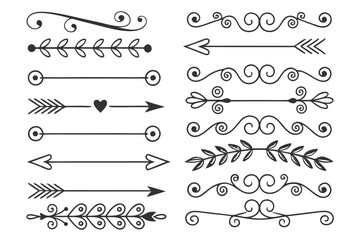 Obraz premium Elegant Swirl and Floral Arrow Dividers in Hand-Drawn Black Vector. Ornamental Borders for Wedding Invitations, Graphic Layouts, and Poster Designs.