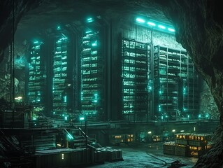 Futuristic Data Center Inside Cave with Neon Blue Lighting and Server Racks
