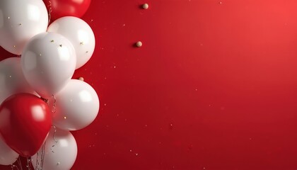 Festive holiday balloons on red background. White and red balloons with space text, confetti elements. Perfect for birthday celebration, event. Party design template.