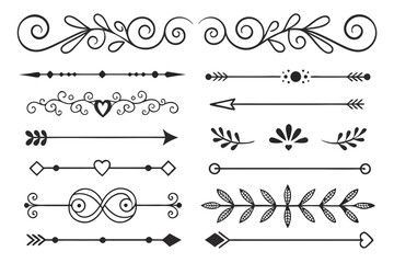 Obraz premium Decorative Divider Elements in Elegant Hand-Drawn Black Vector Featuring Arrows, Floral Motifs, and Swirled Lines for Layout and Invitation Projects.