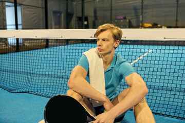 Young sportsman takes a break on padel court after intense match with friends