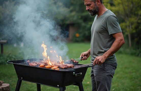 Man grilling meat charcoal grill outdoors. Flames smoke rise, creating summer cookout scene. Casual wear, relaxed weekend with food. BBQ, steak cooking, culinary scene, cooking concept.