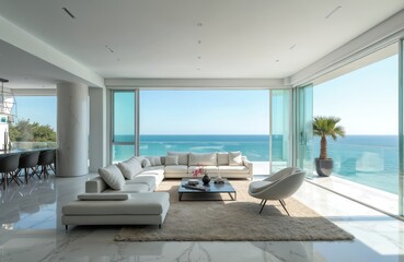 Luxury modern living room with breathtaking ocean view. Spacious interior features white furniture decor marble floor. Huge window glasses bright blue sea sky horizon. Relaxing comfort, elegant