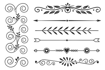 Elegant Divider and Swirl Collection in Hand-Drawn Black Vector Featuring Arrows and Floral Borders. Decorative Borders for Posters and Invitations.

