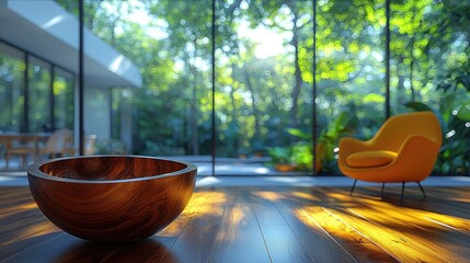 Wooden bowl on a hardwood floor in a sunlit room with a view of a lush garden.