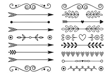 Obraz premium Elegant Ornamental Divider Set Featuring Arrows, Floral Swirls, and Curved Borders in Hand-Drawn Black Vector for Creative Projects and Layout Designs.