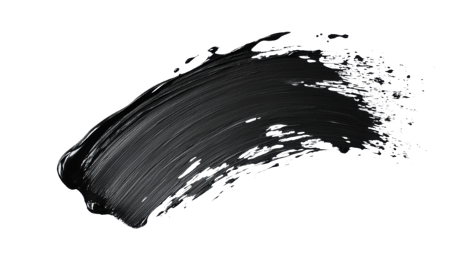 Thick black acrylic or oil paint brush stroke with textured bold artistic mark abstract expression isolated on white background