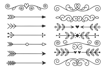 Fototapeta premium Elegant Decorative Dividers Featuring Hand-Drawn Arrows, Curves, and Floral Accents in Black Vector. Ornamental Borders for Invitations, Posters, and Layout Design Templates.