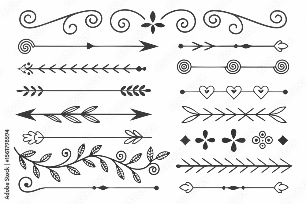 Fototapete decorative border collection featuring arrows and swirls in elegant hand-drawn black vector. floral 