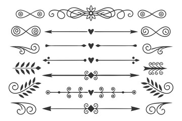 Obraz premium Decorative Arrow and Swirl Divider Set Featuring Elegant Hand-Drawn Borders, Curved Lines, and Floral Accents in Black Vector for Layout and Invitation Use.