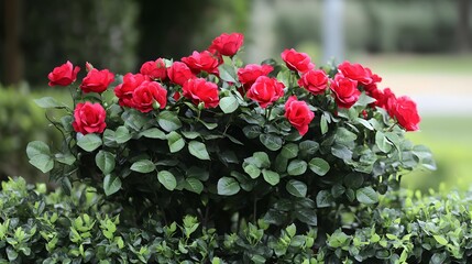 Vibrant Red Roses Bush in Lush Green Foliage